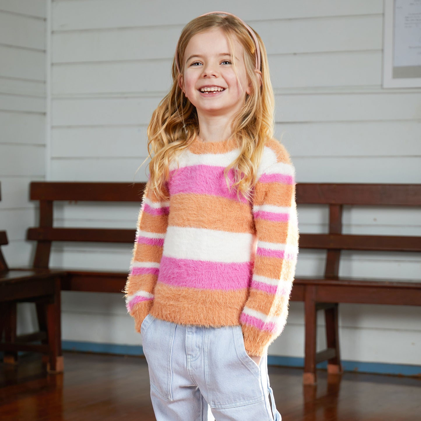 Wednesday Knit - Girls Jumper - Pink, Tan & White Stripe